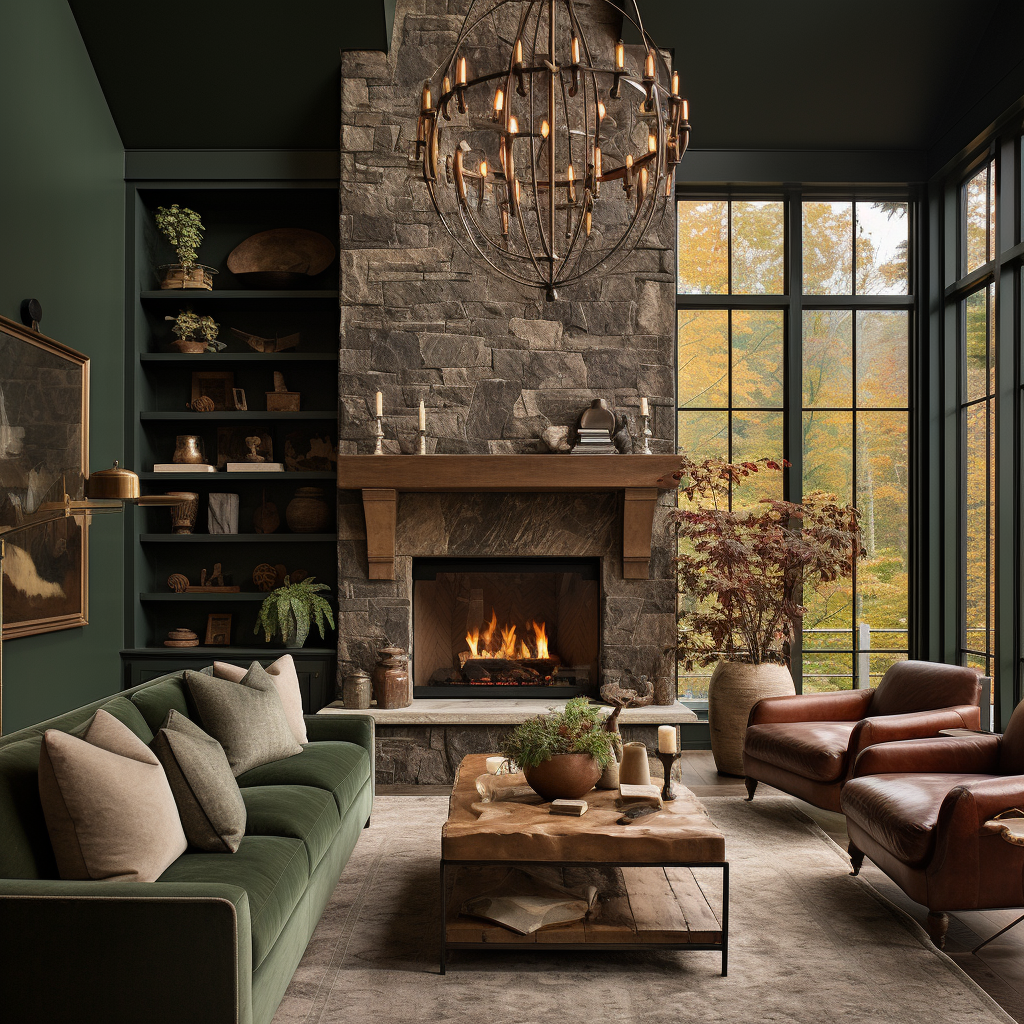 Forest green living room with bookshelves and stone accent wall