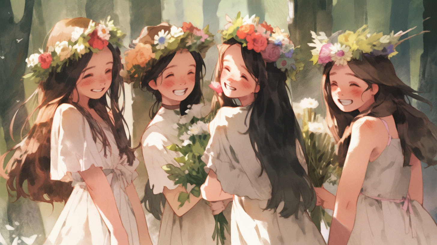 Happy girls in white dresses and flower crowns in a beautiful forest