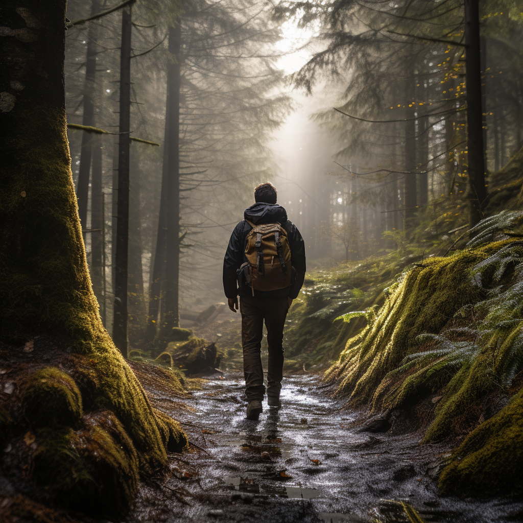 Hiker with backpack exploring the forest