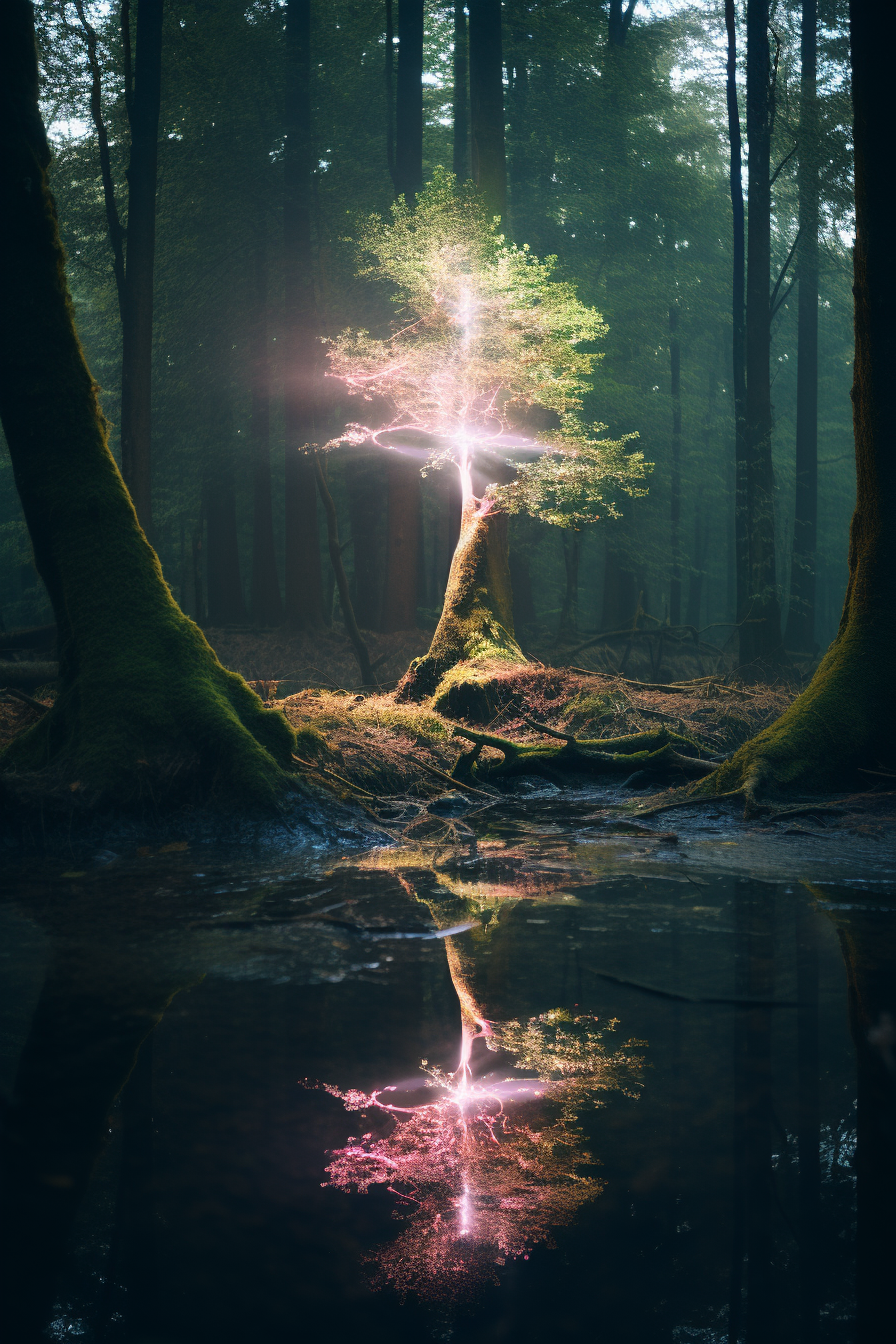 Beautiful holographic tree in enchanting forest