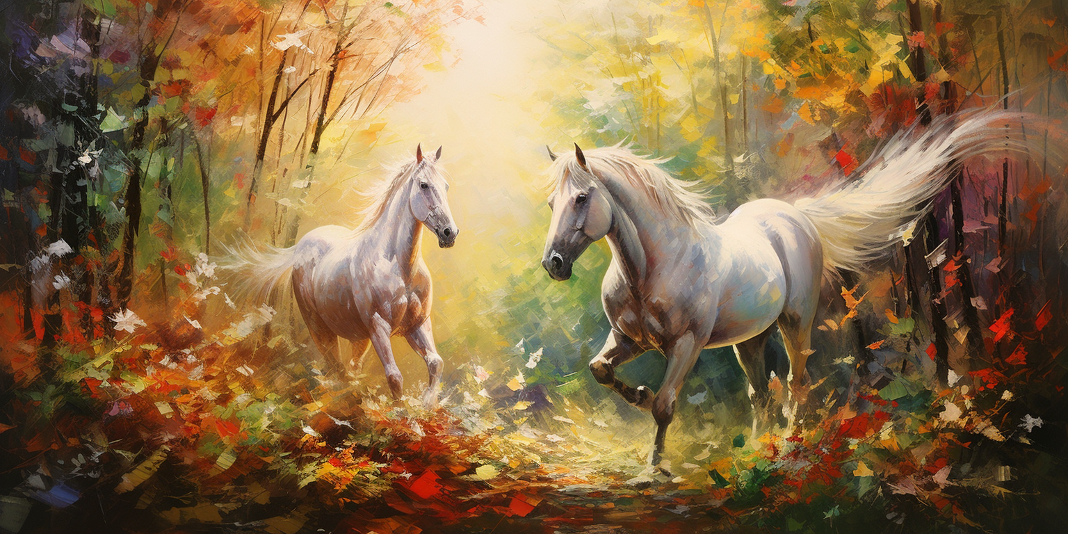 Majestic horses in a Monet-inspired forest