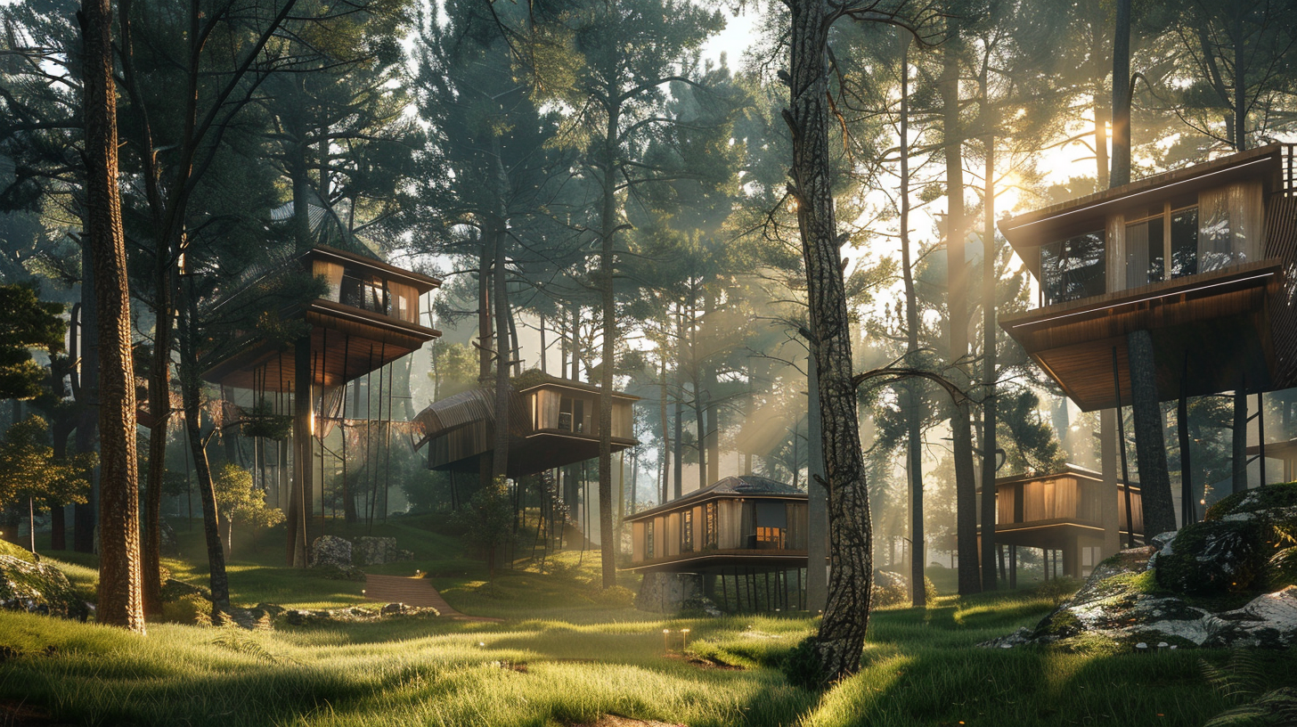 Houses on tall trees in forest