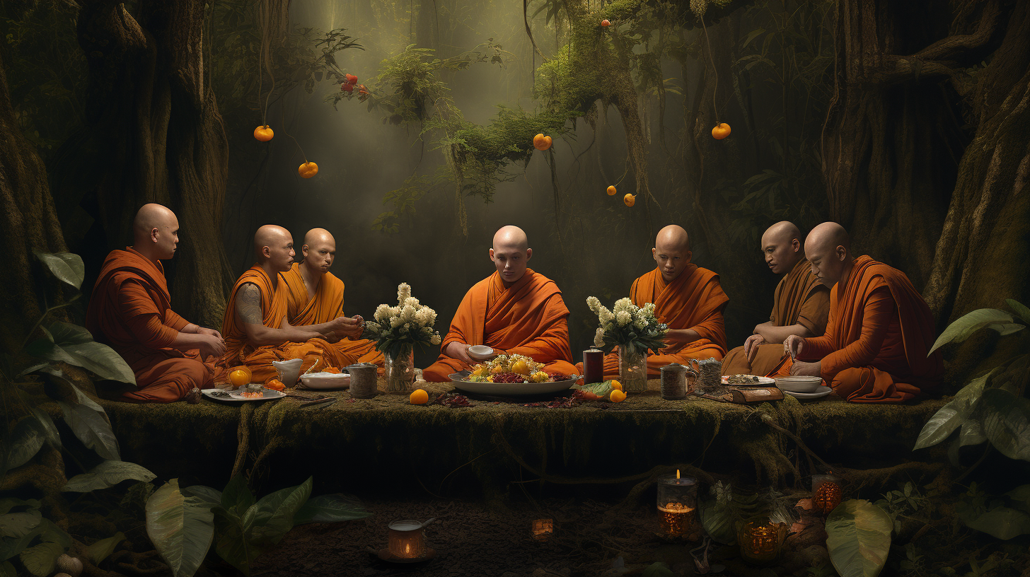 Six monks surrounded by an array of fruits