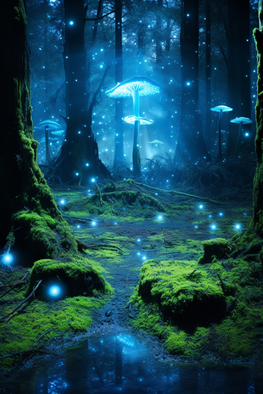 Serene forest with blue holographic tree