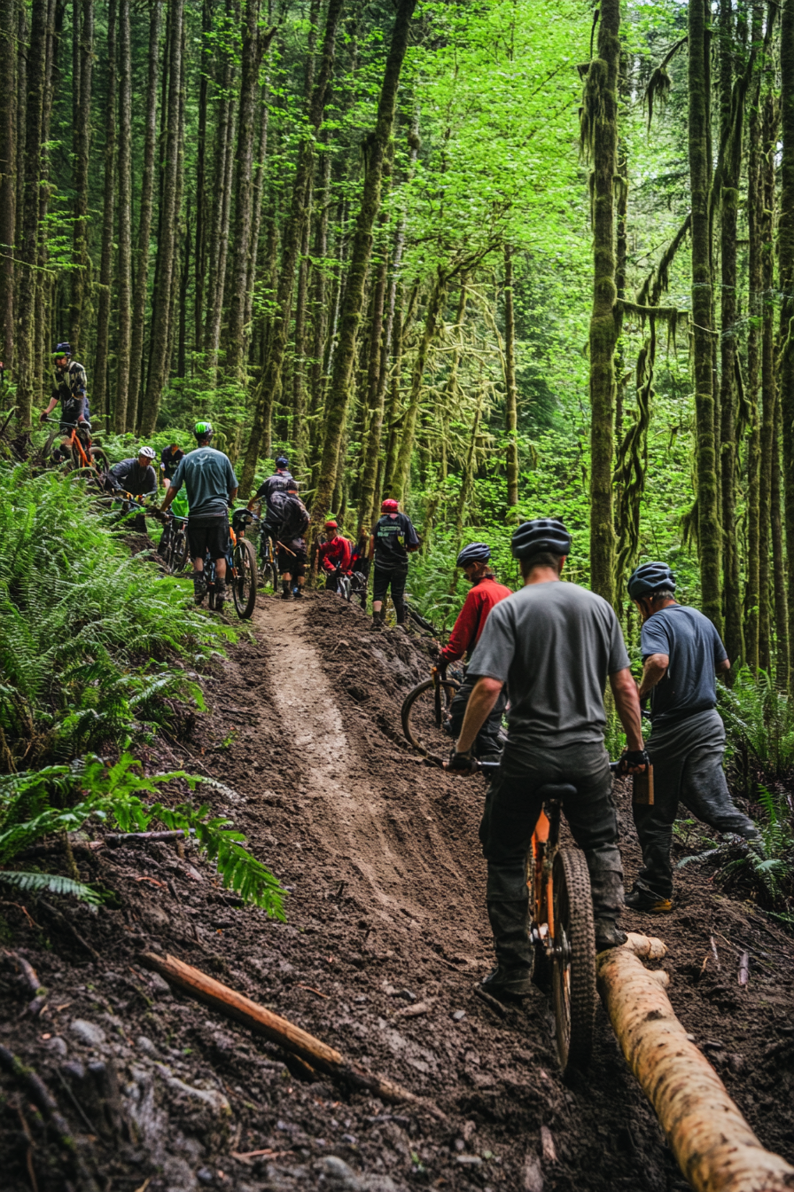 Group volunteers building mountain bike trail