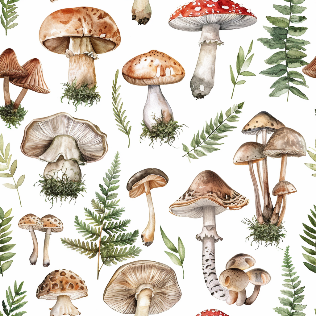 Forest mushrooms watercolor pattern on white background