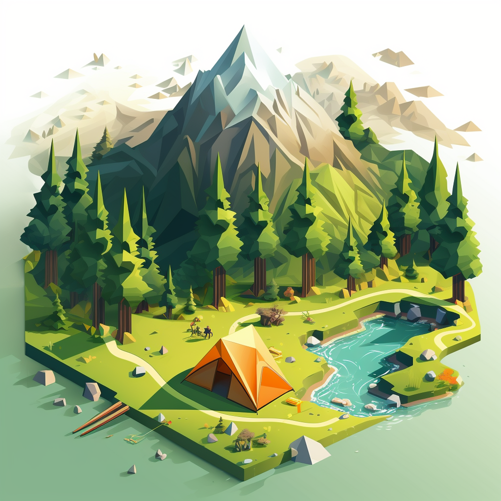 Polygonal forest with tent and backpack