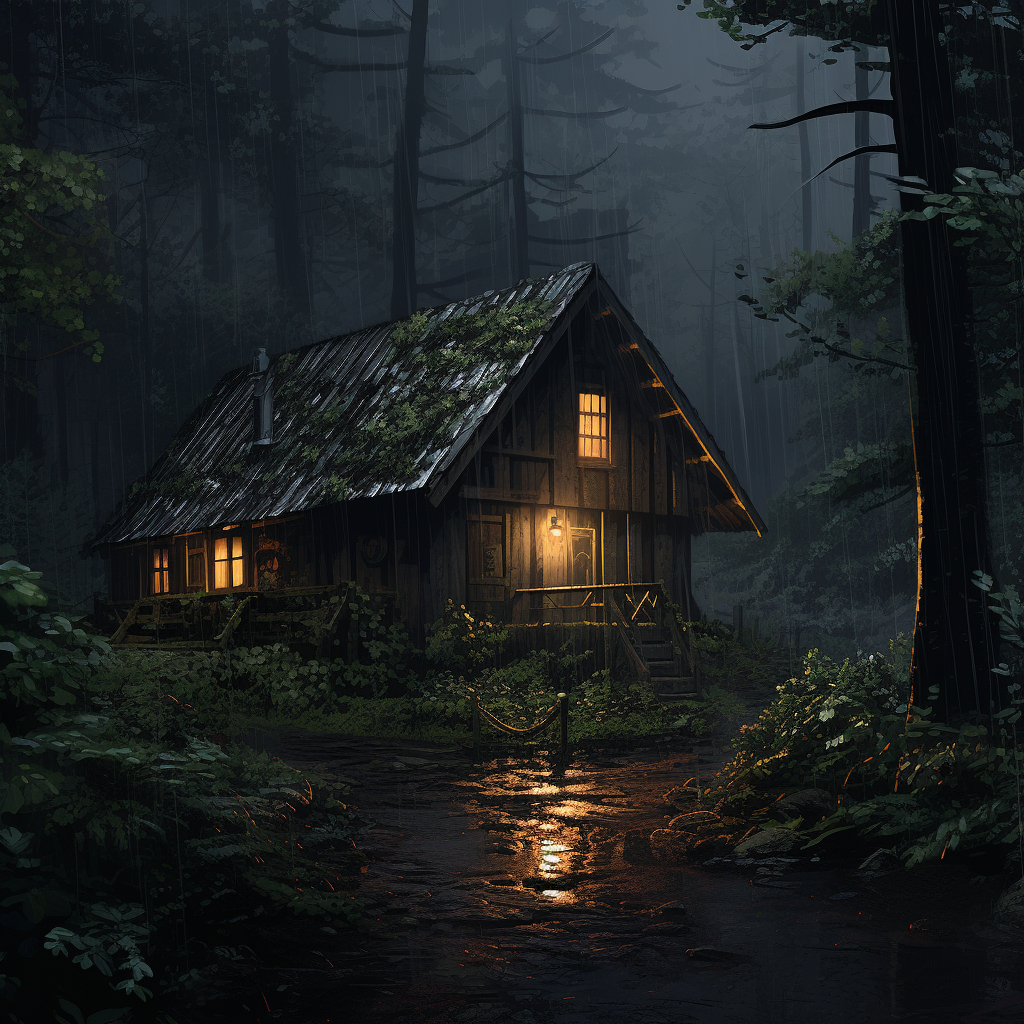 Cozy cabin amidst forest rainstorm