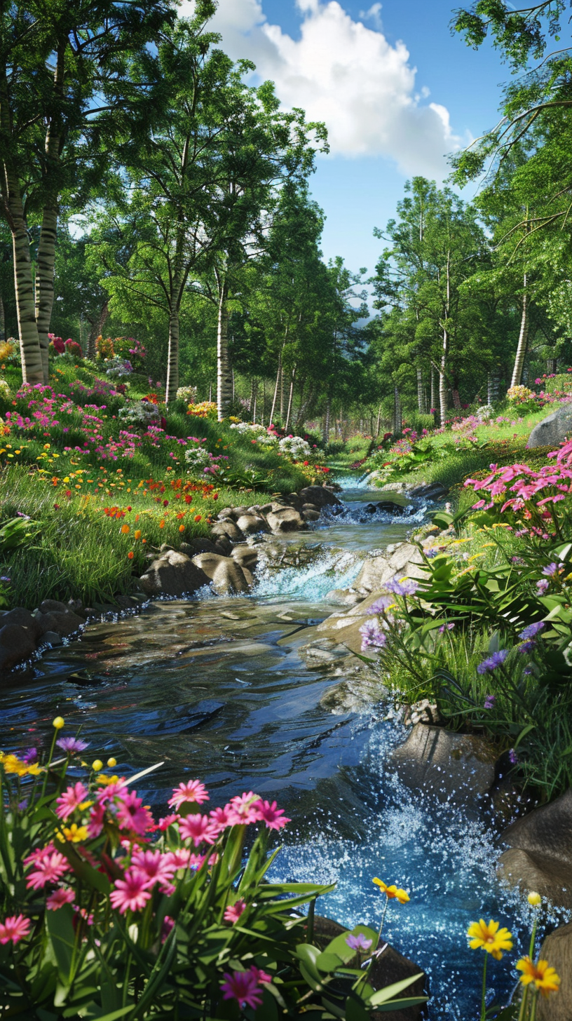 Vibrant Forest River Flowers 3D