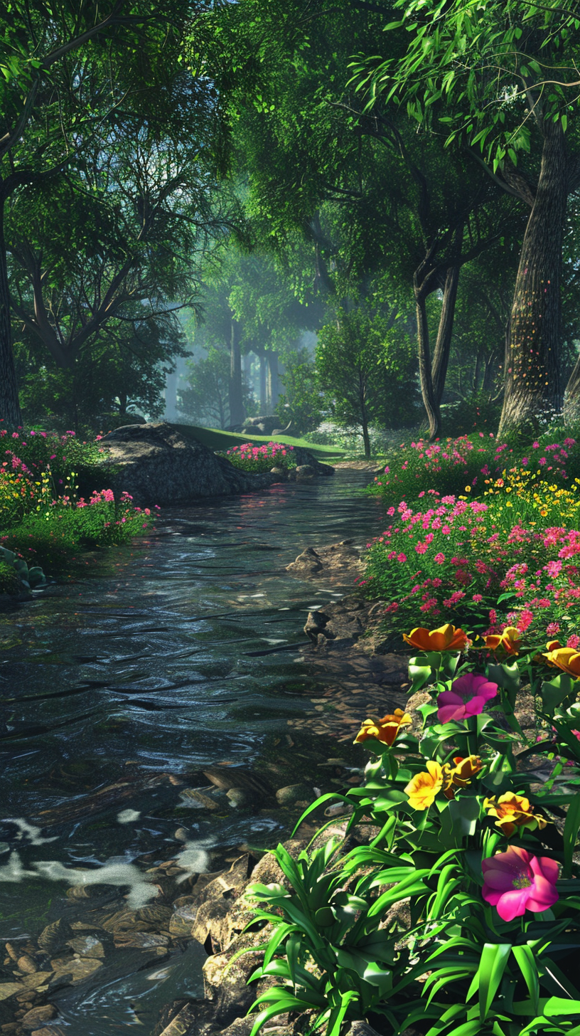 Vibrant flowers surround forest river