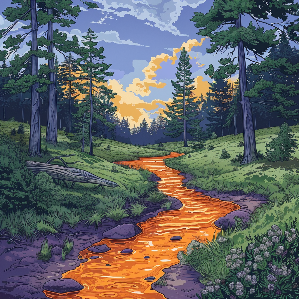 Surreal forest river trail illustration