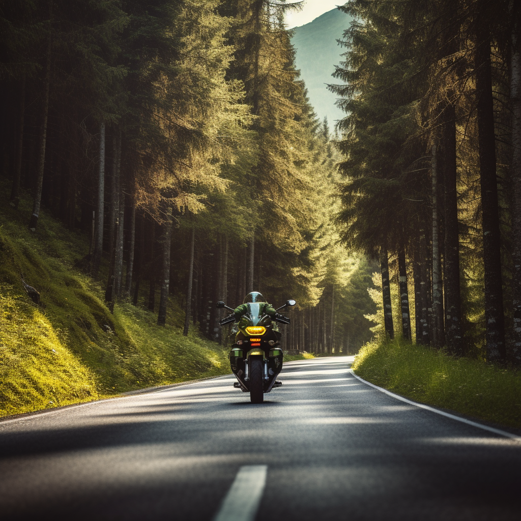 Panoramic shot of a cruiser bike on a forest road