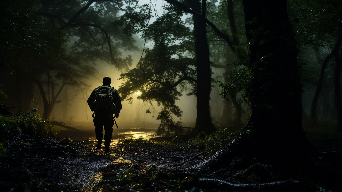 Tactical soldier walking through forest at night