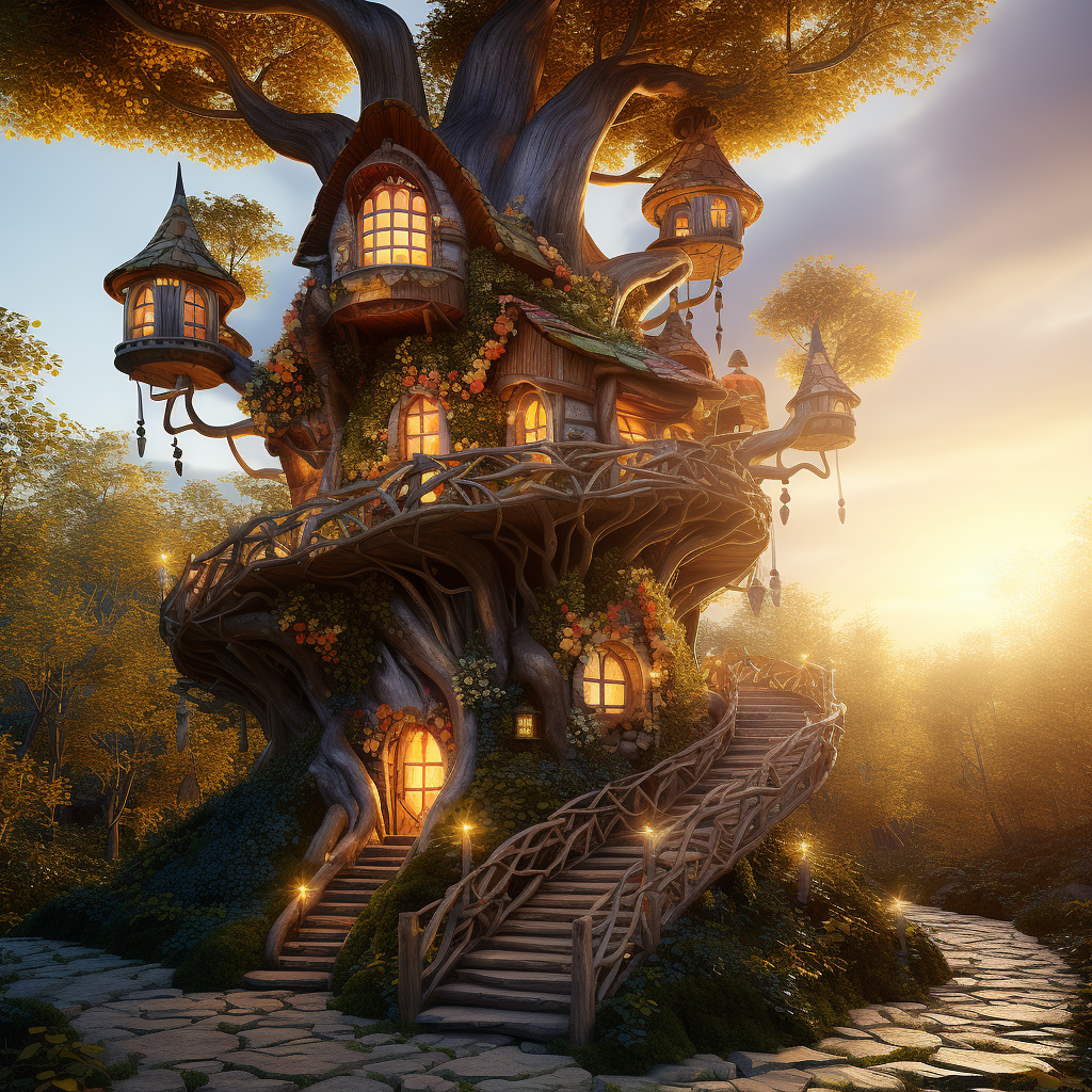 Three-story fairy house in enchanted forest at sunset