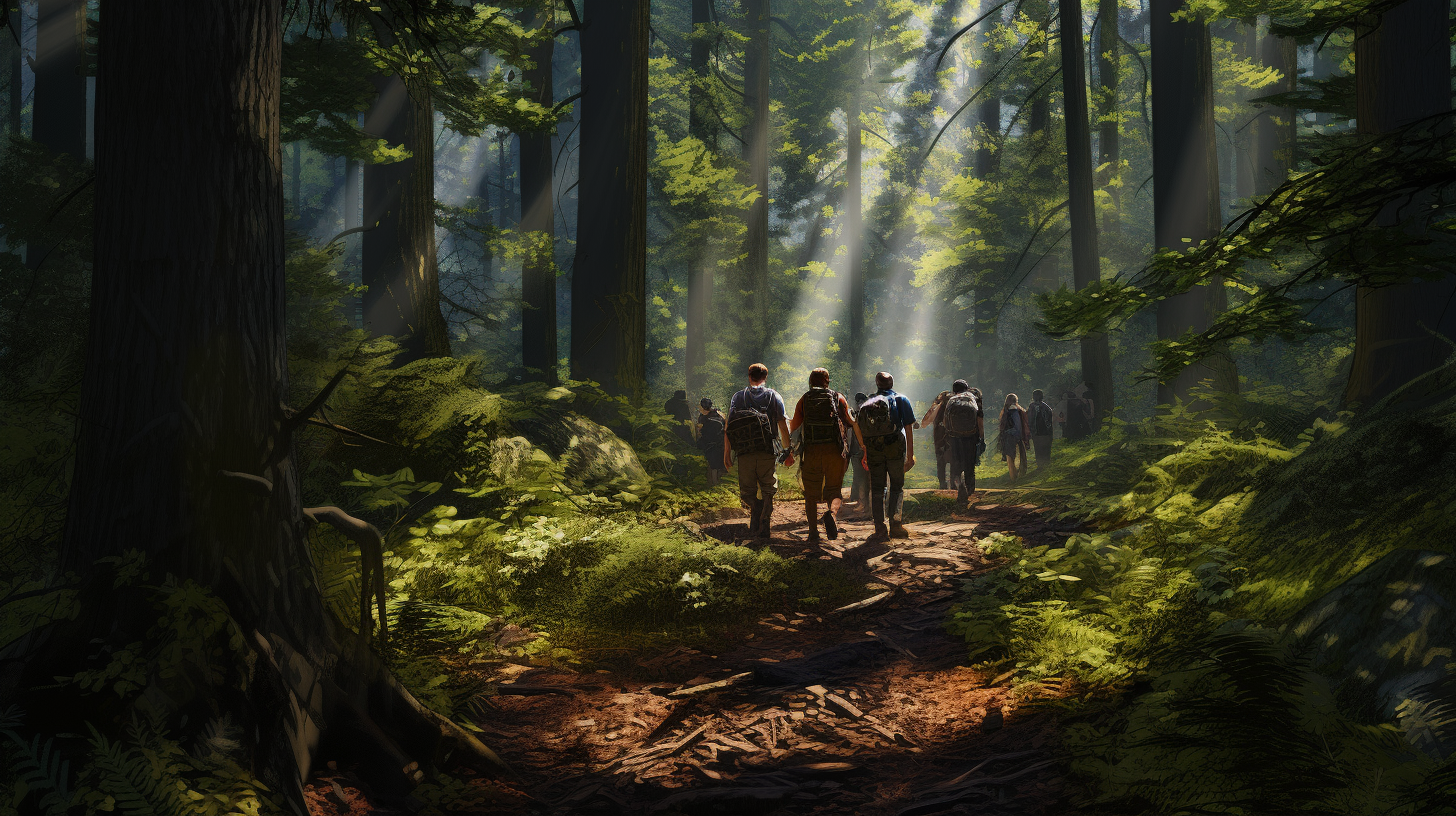 Group hiking along forest trail