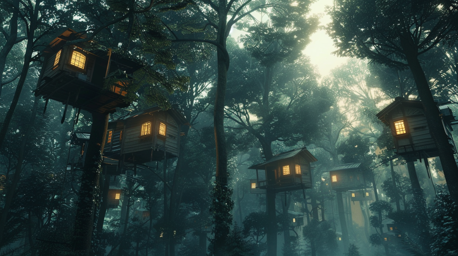 Treehouses in forest with dim light