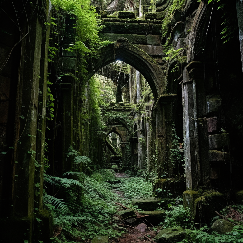 A mystical forest tunnel with crumbling pillars