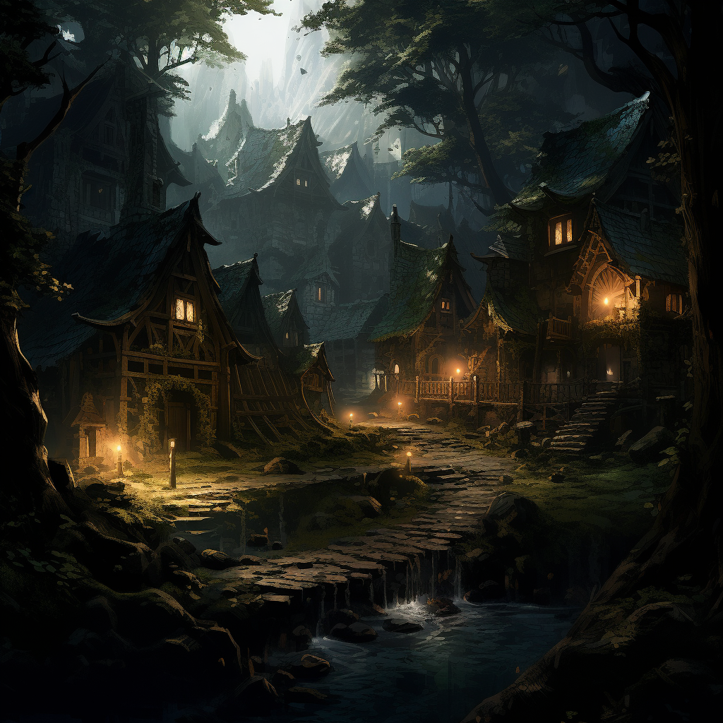 Artwork of forest village in D&D style