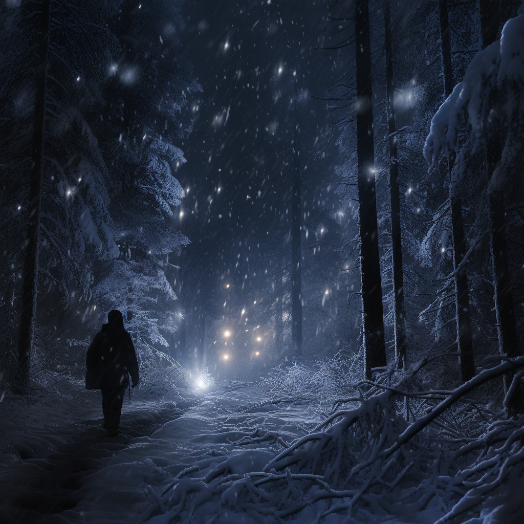 Winter Blizzard in Forest with Flashlights