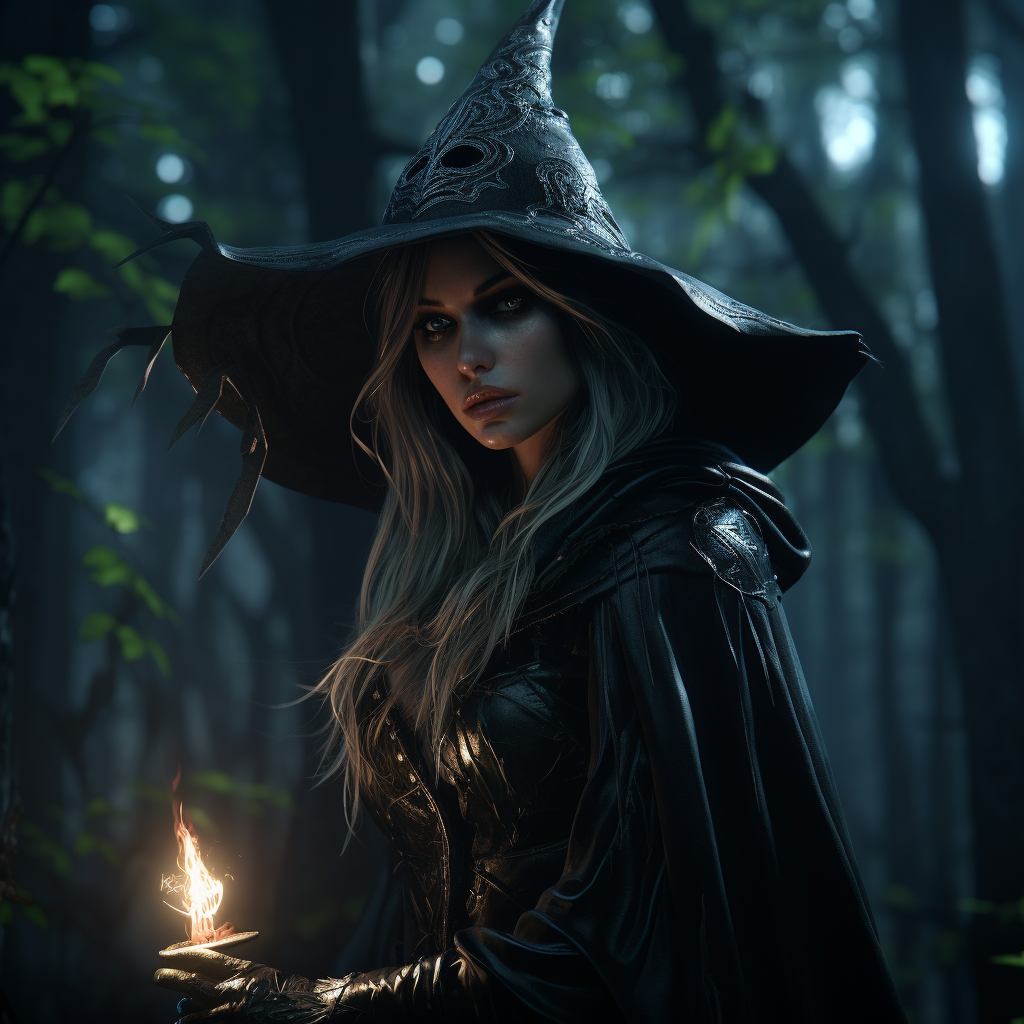 Mysterious forest witch casting powerful spells