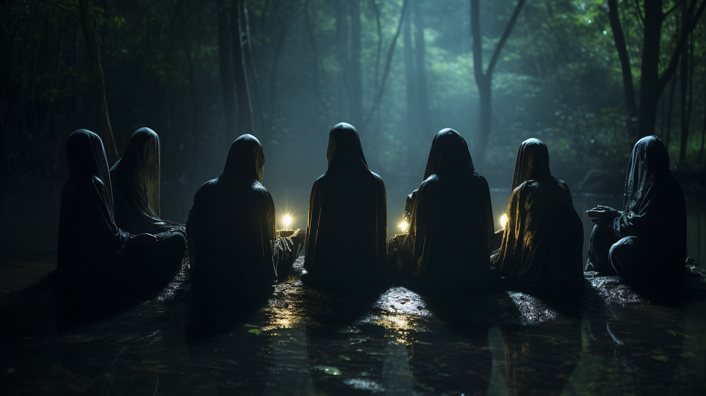 Hooded figures performing cult ritual in the forest