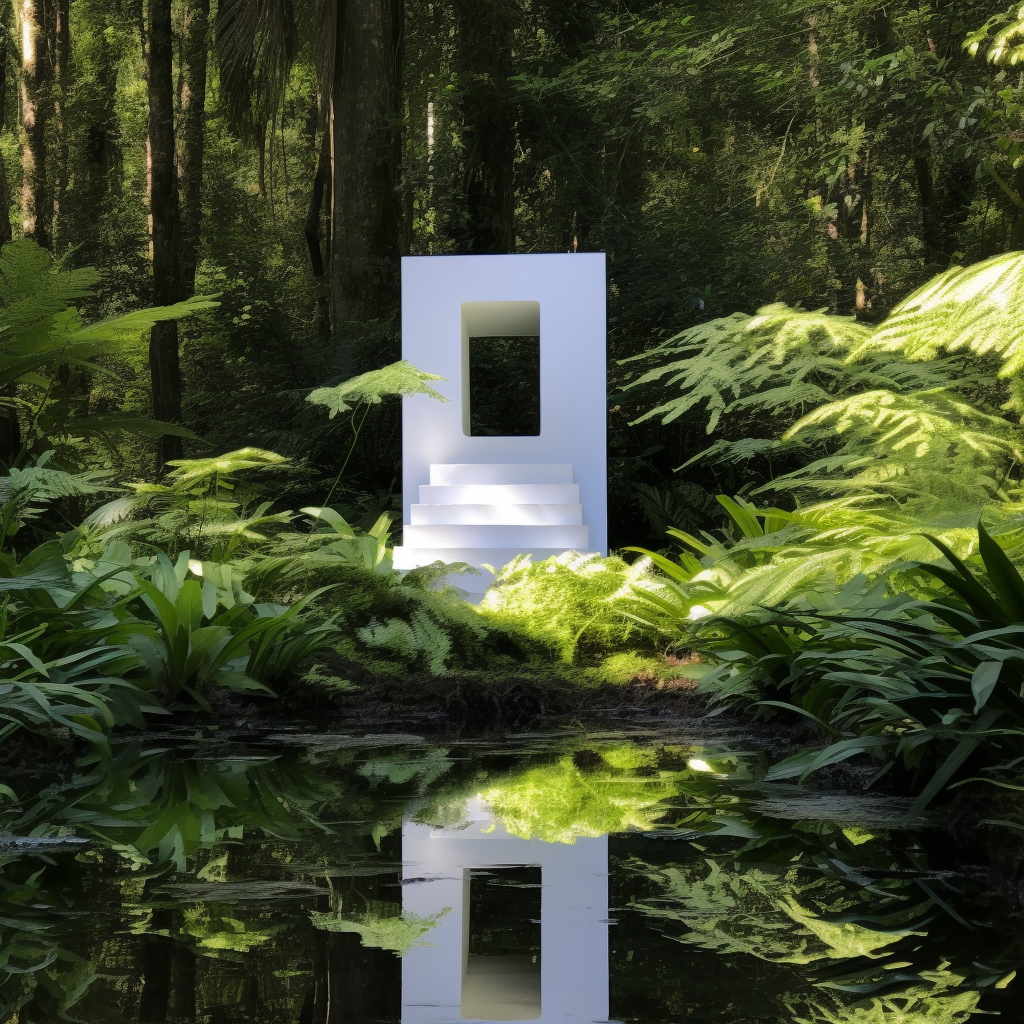 Tranquil forest yard pond with marble sculpture