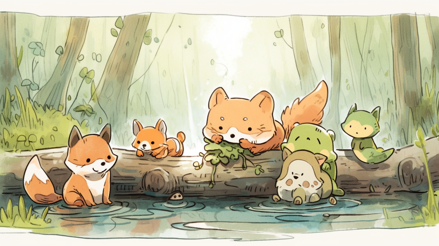 Adorable forest animals gathered by a pond