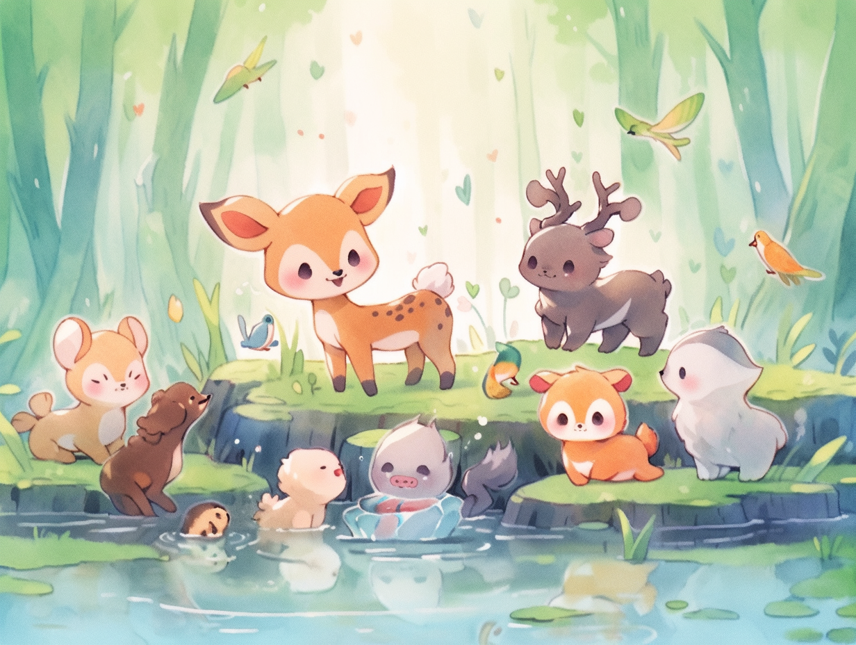 Cute forest animals at pond