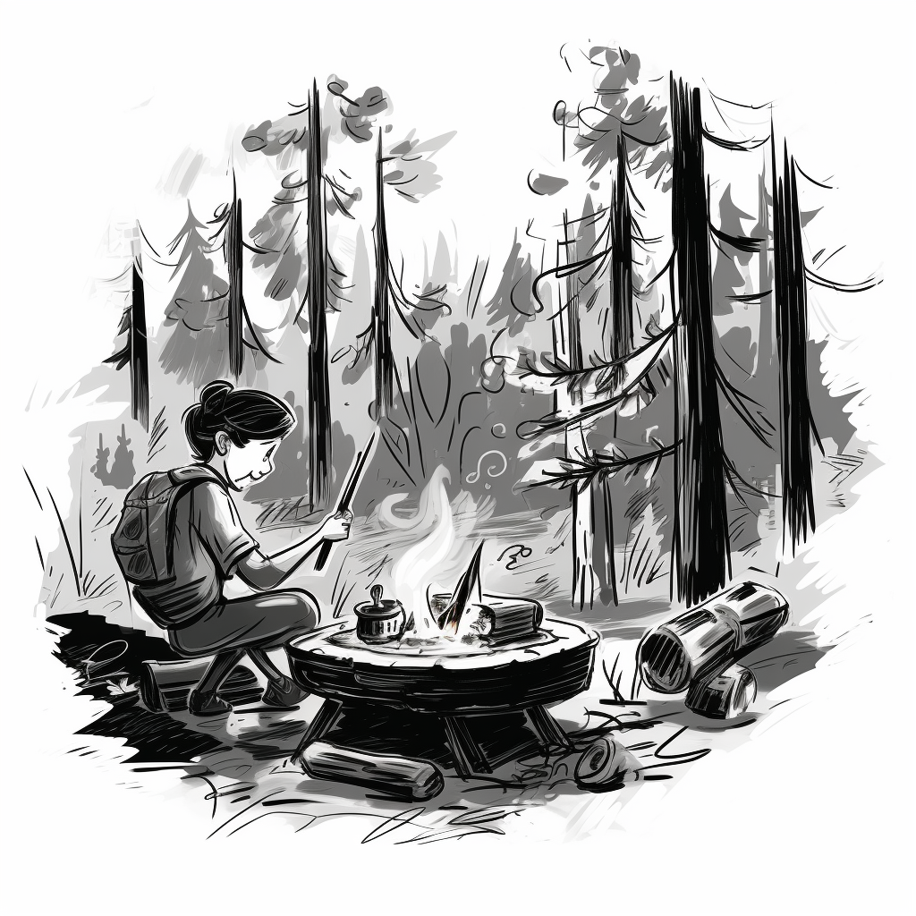 Black and white sketch of cooking in the forest