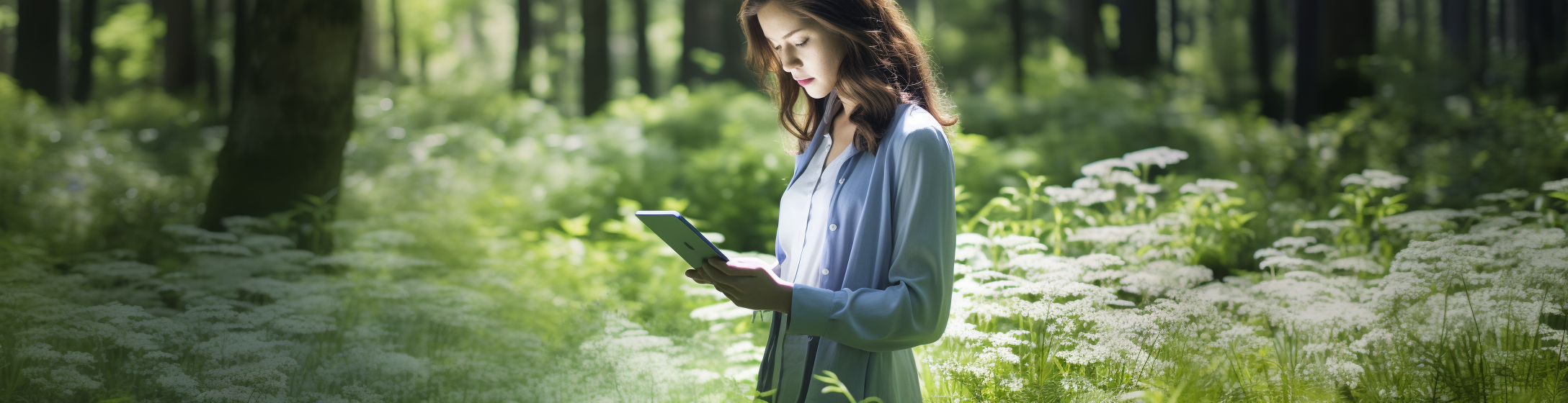 Image of a young woman forest engineer with a tablet