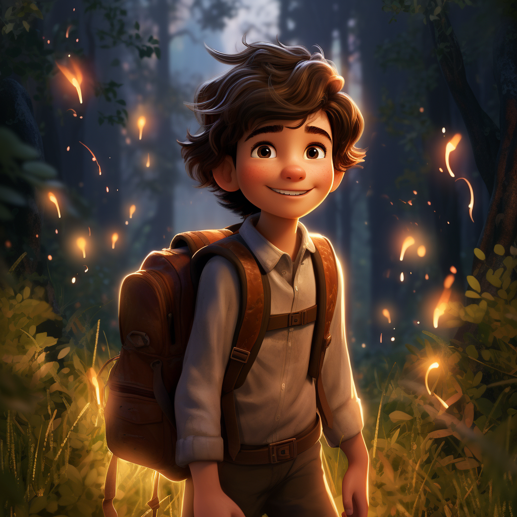 Pixar-style boy with forest fairies