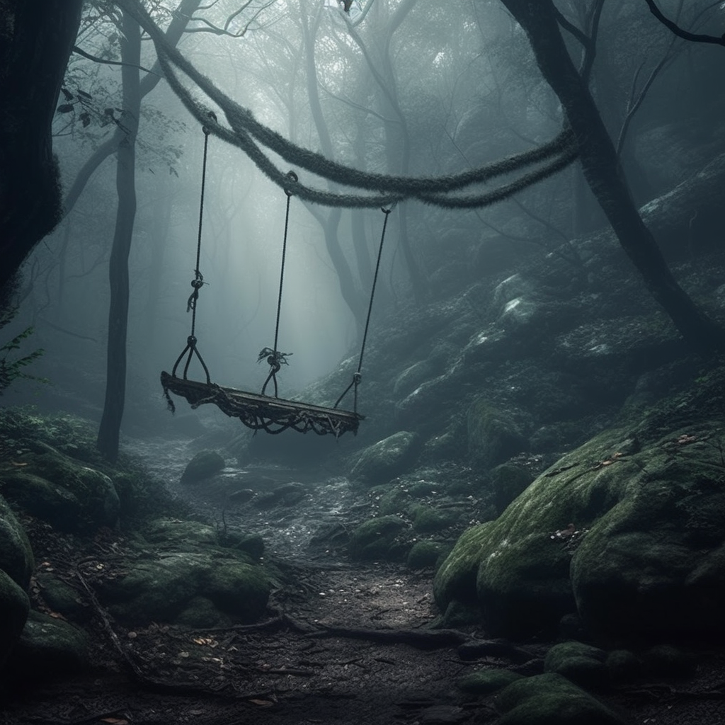 Mysterious forest ropeswing in thick fog