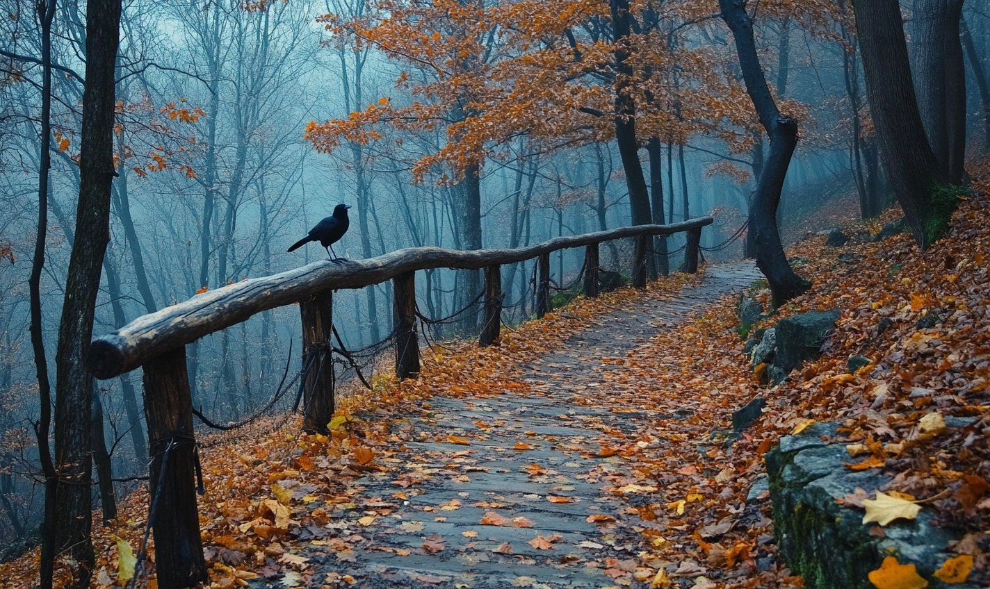 Handrail Crow Rain Leaves Downhill Park