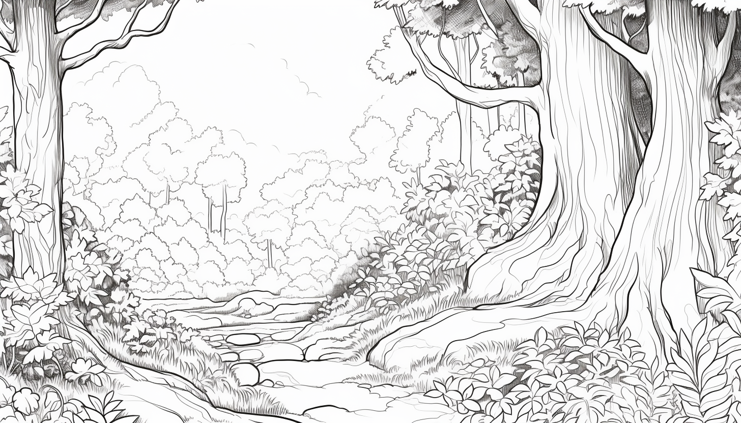 Thick line drawing of a forest with herbs