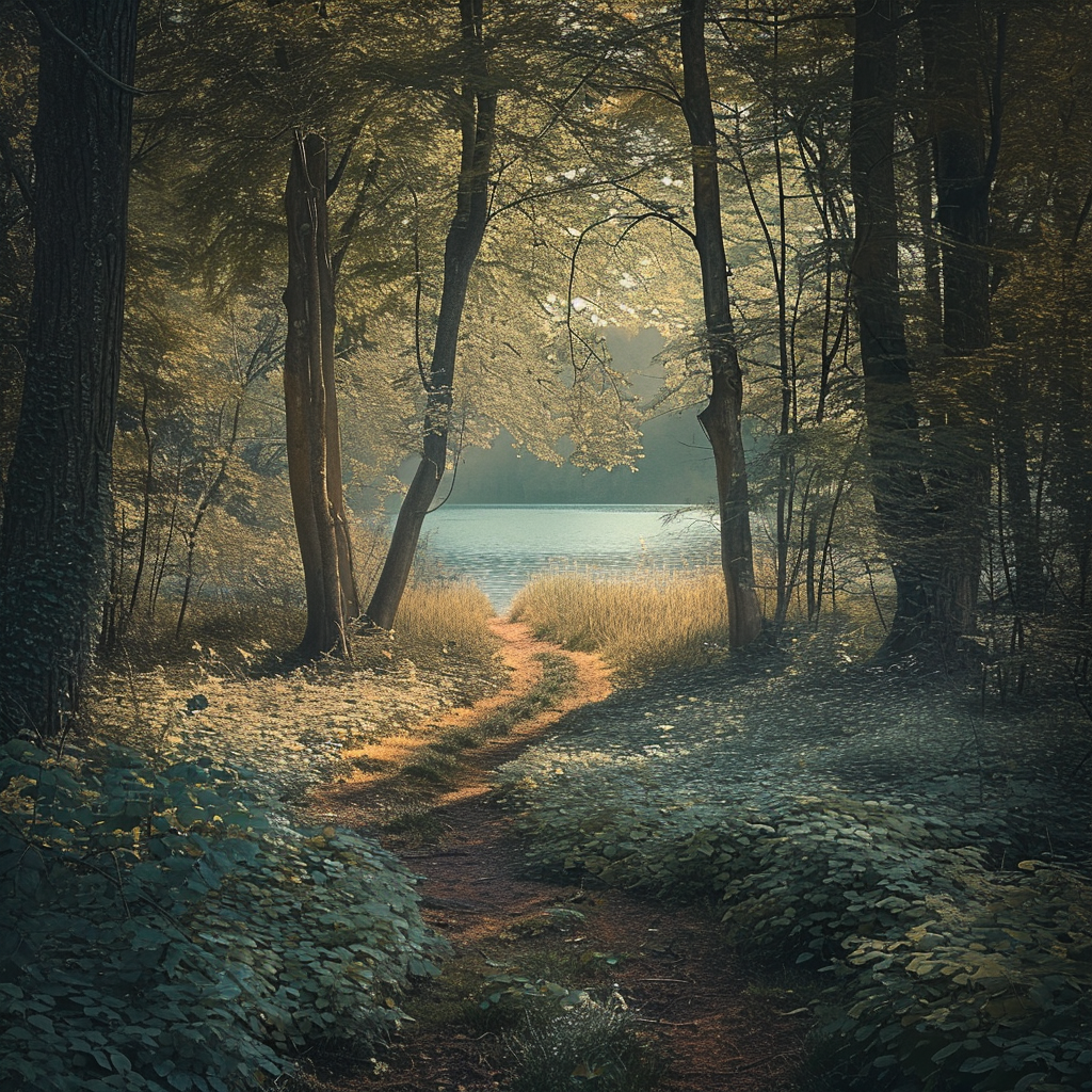 Forest trail with lake in cinematic lighting