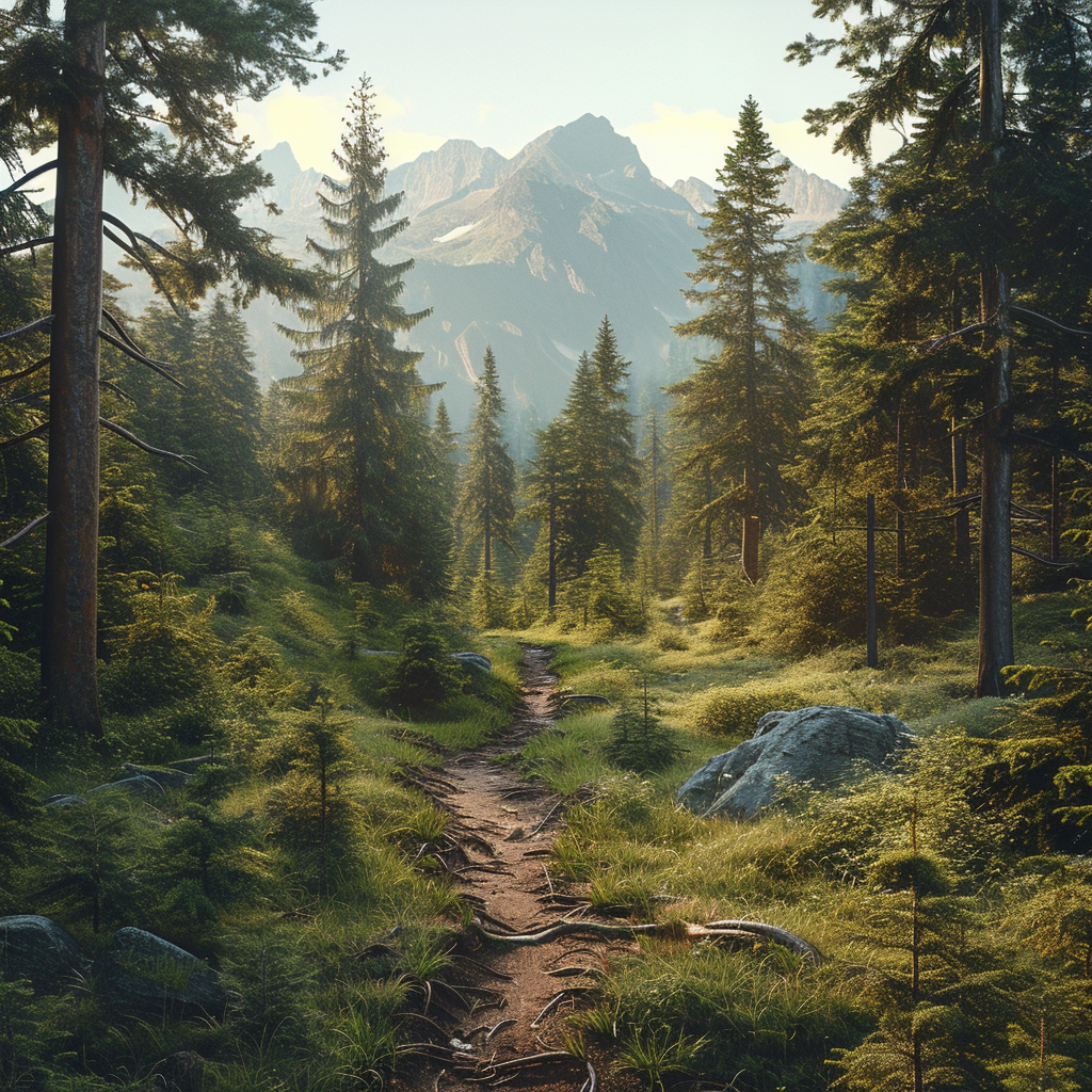 Forest landscape with trail and mountains