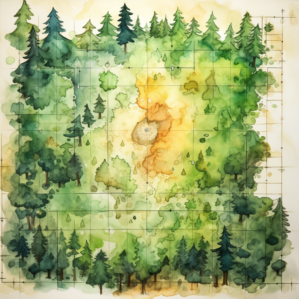 Watercolor forest map on a grid