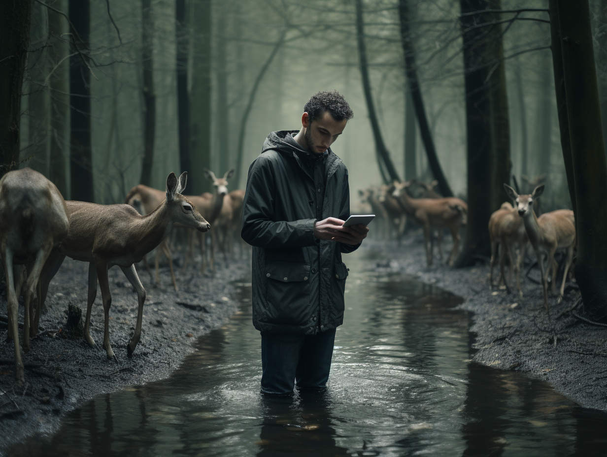 Young man walking with deer in surreal forest