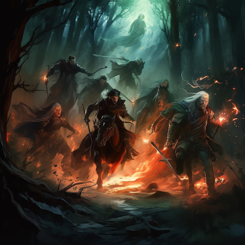 Intense battle between elves and goblins in dark forest