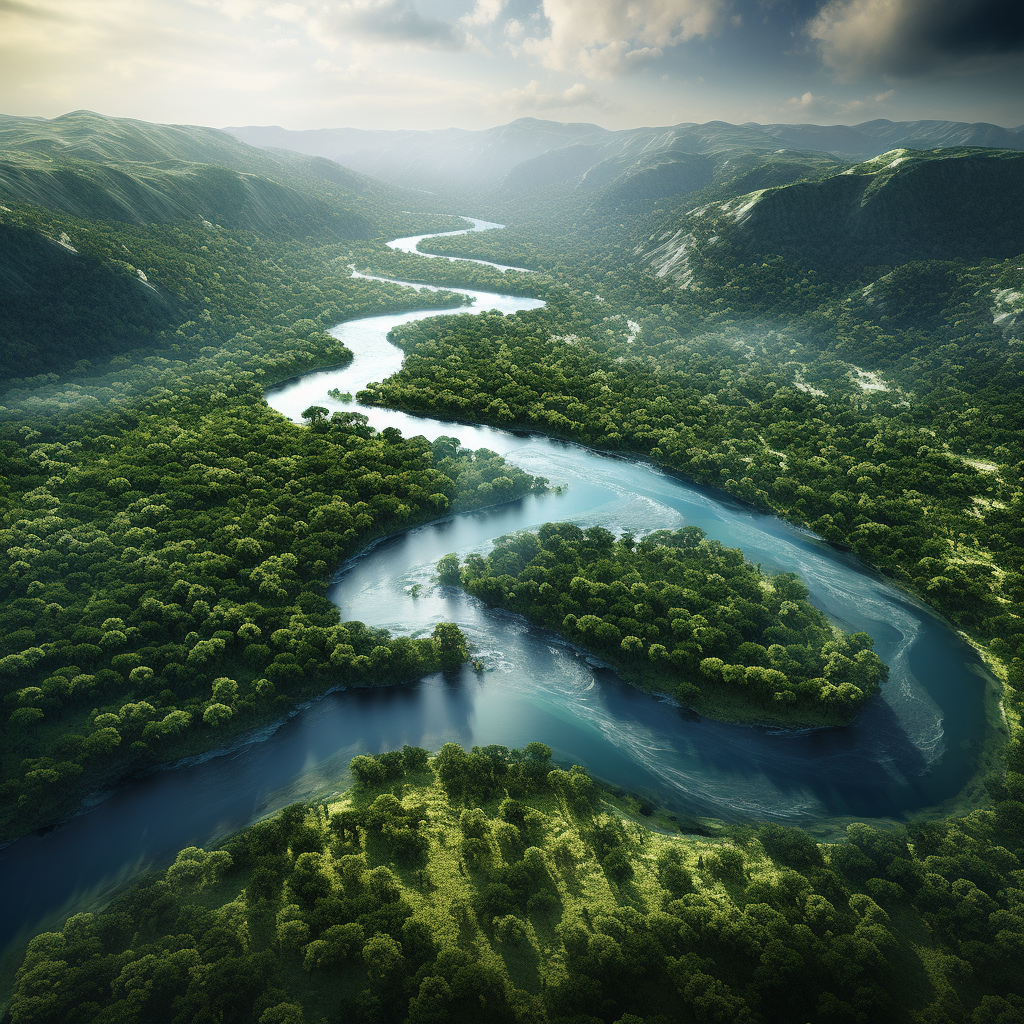 Serene freshwater river flowing through lush forest