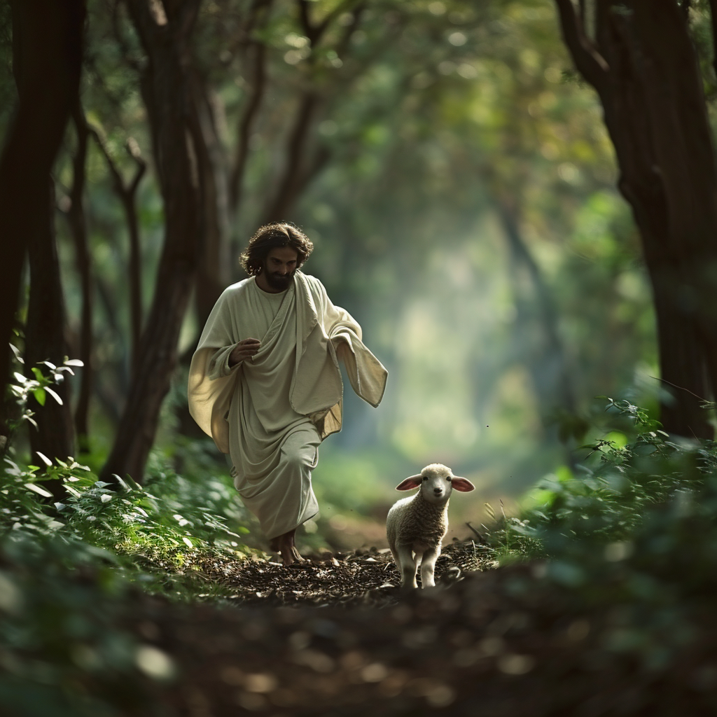 Jesus running behind the lamb in the forest