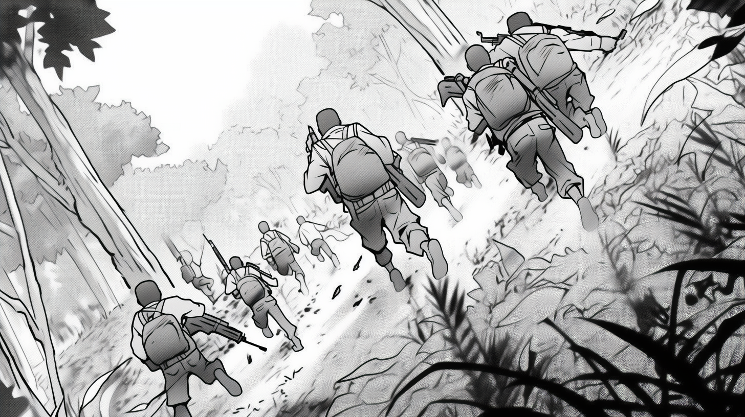 Soldiers running through forest sketch