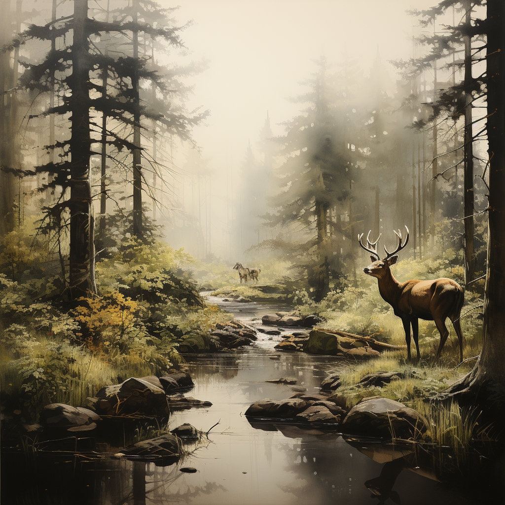 Animals in Framed Forest Scene