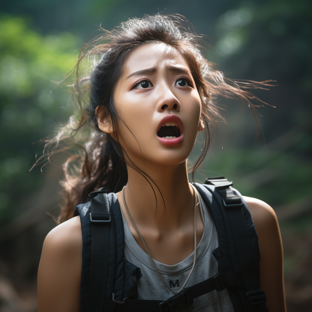 Surprised Korean female in forest