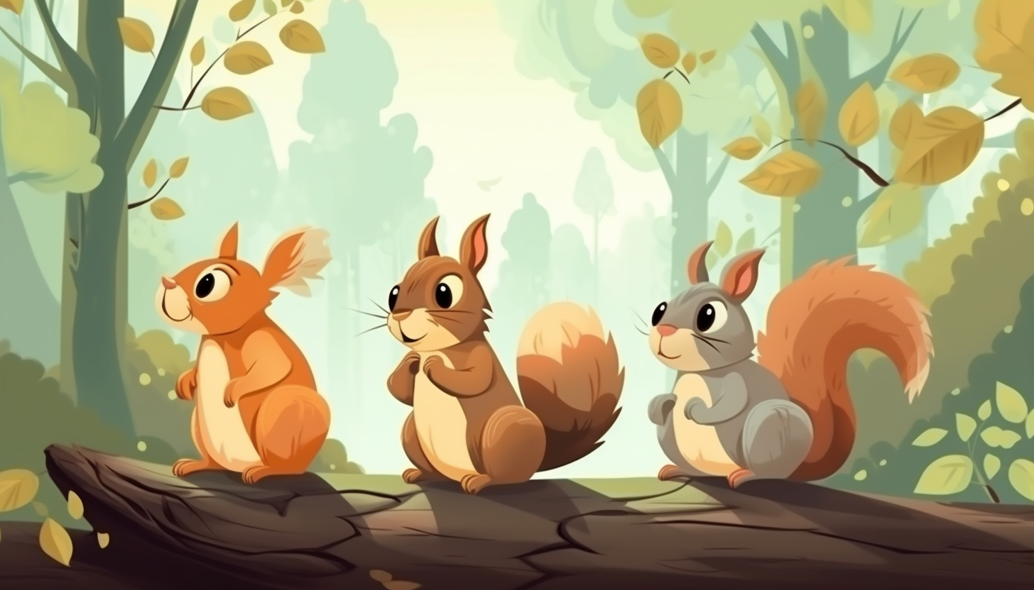 Three cute squirrels playing in the forest