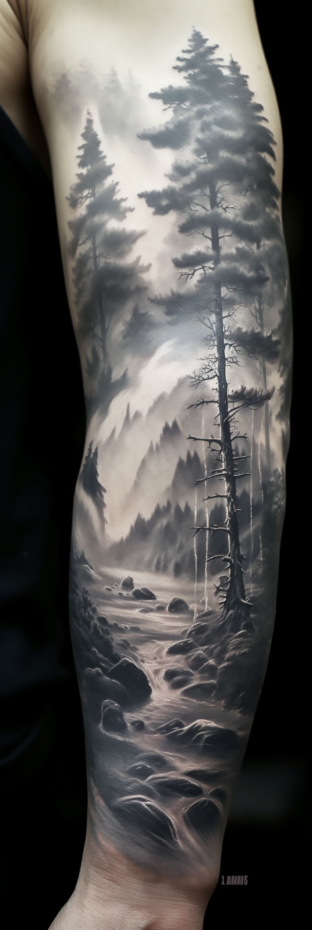 Realistic forest stream tattoo sleeve