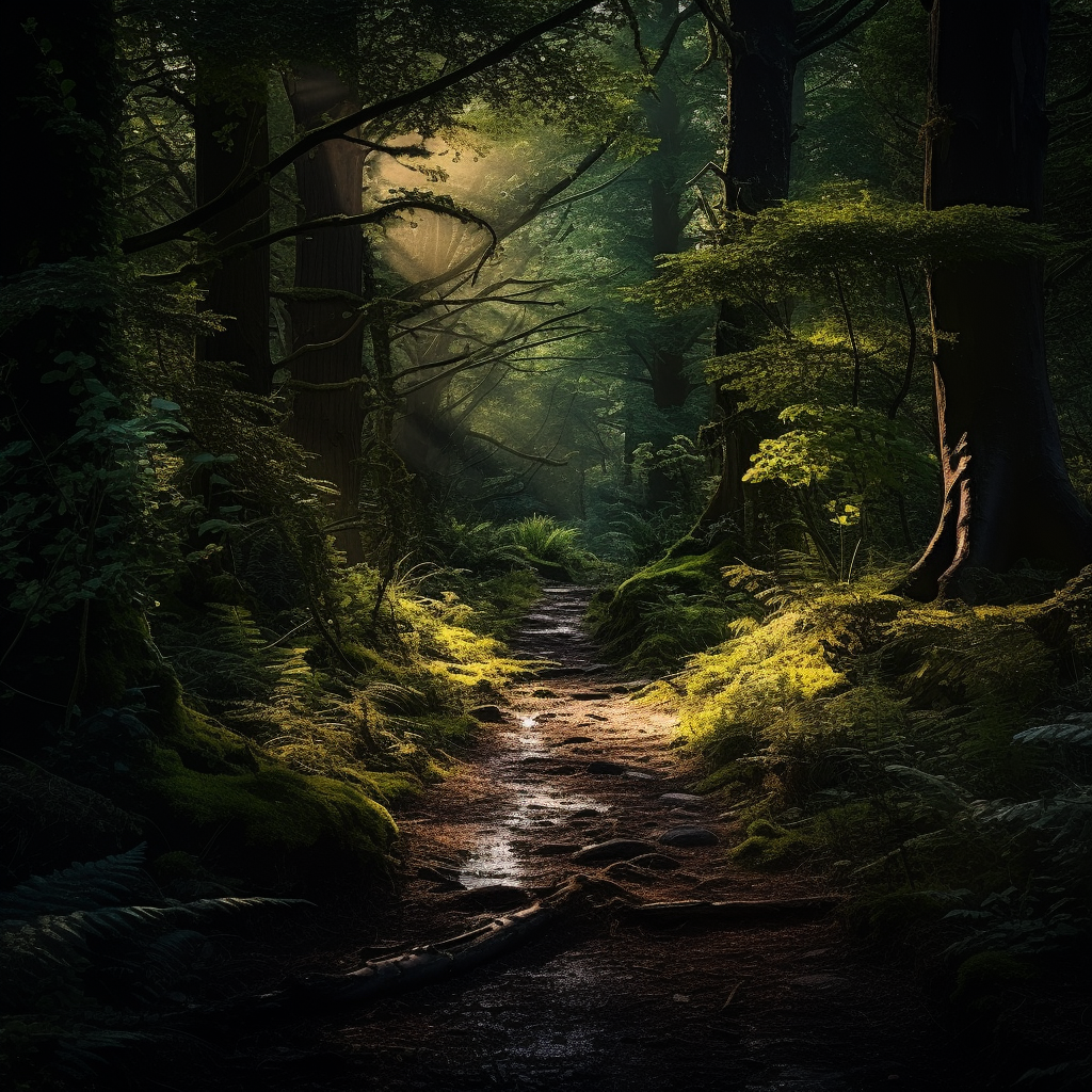 Serene forest pathway with sunlight filtering through trees