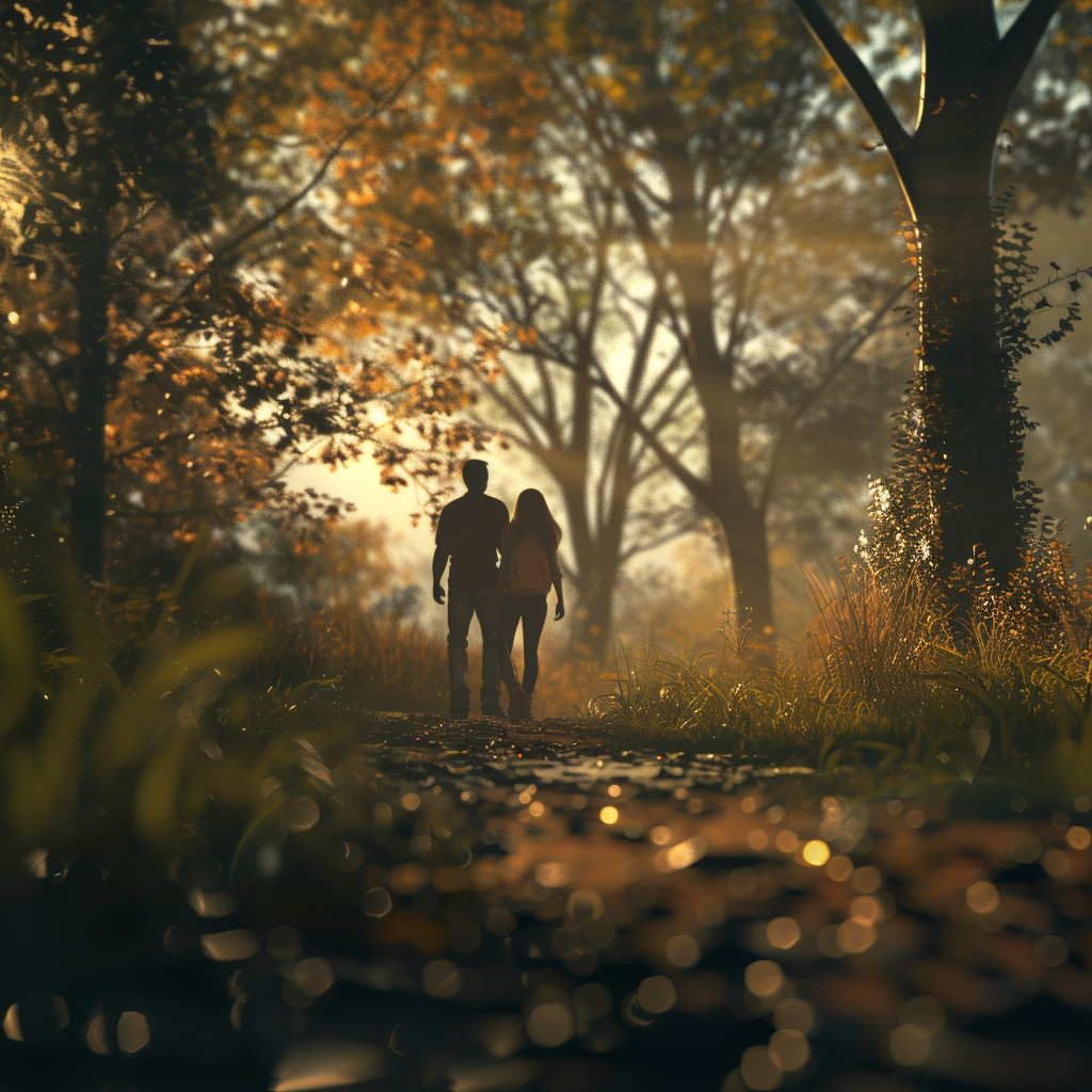 Couple in Forest Morning Stroll