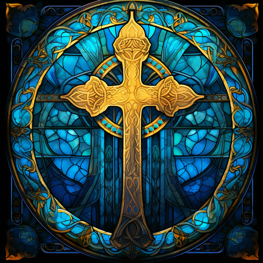 Stained glass cross in blue and gold