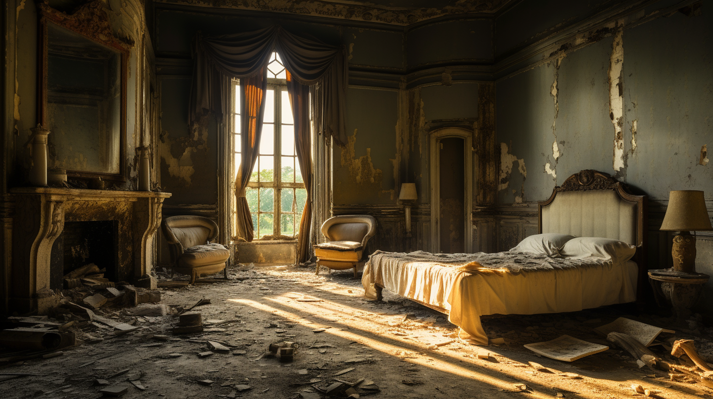 Abandoned bedroom with haunting shadows